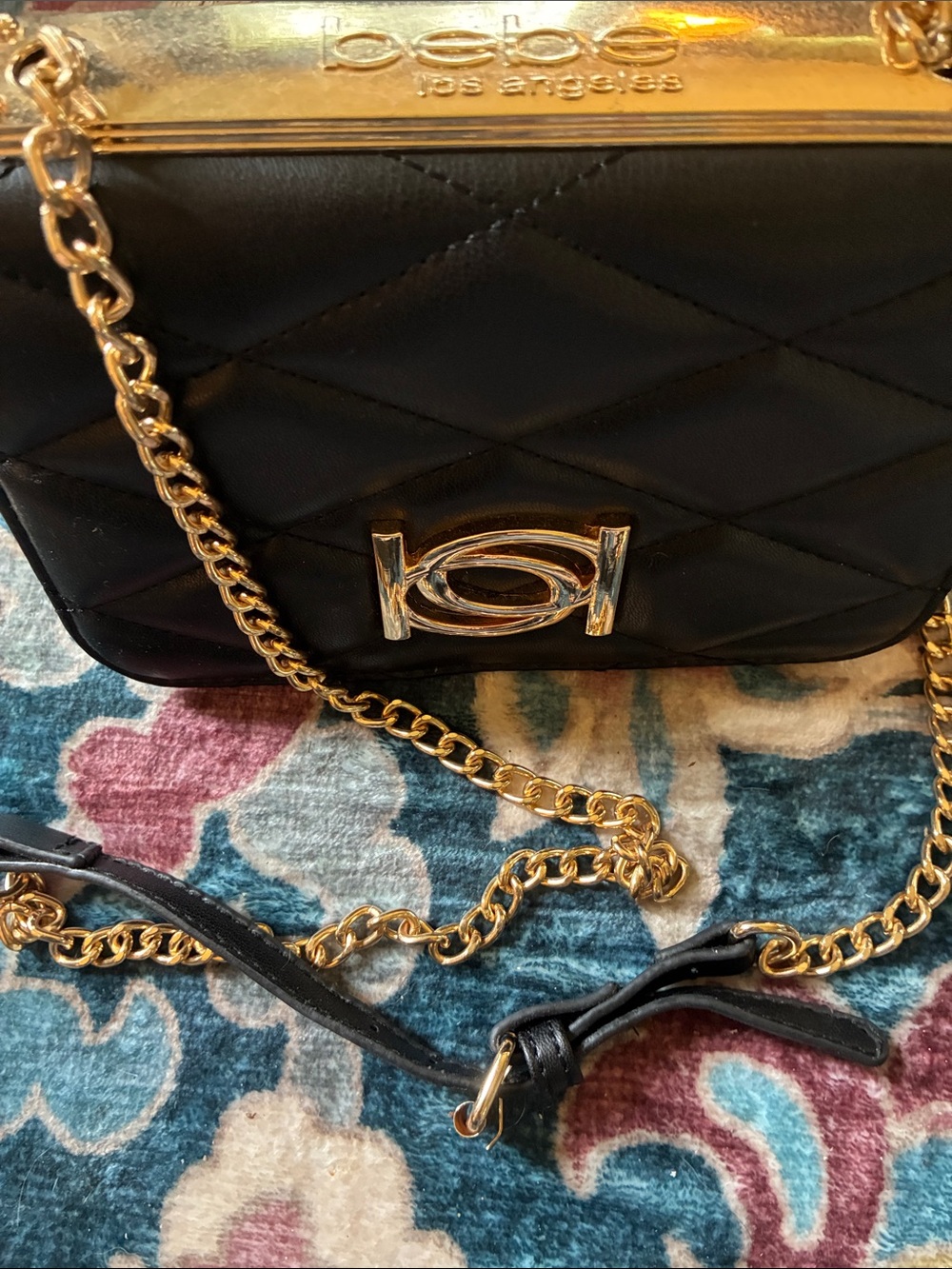 bebe Black Quilted Crossbody Bag with Gold Chain Hardware